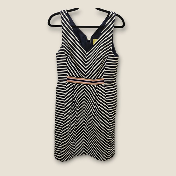 Maeve Anthropologie Dress Size 10 Navy Blue White Striped Fit & Flare Career - Picture 1 of 9